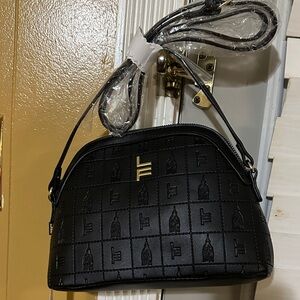 London Fog Black Embossed Dome Crossbody with Gold Logo